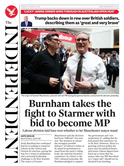 The headline on the front page of the Independent reads: "Burnham takes the fight to Starmer with bid to become MP."
