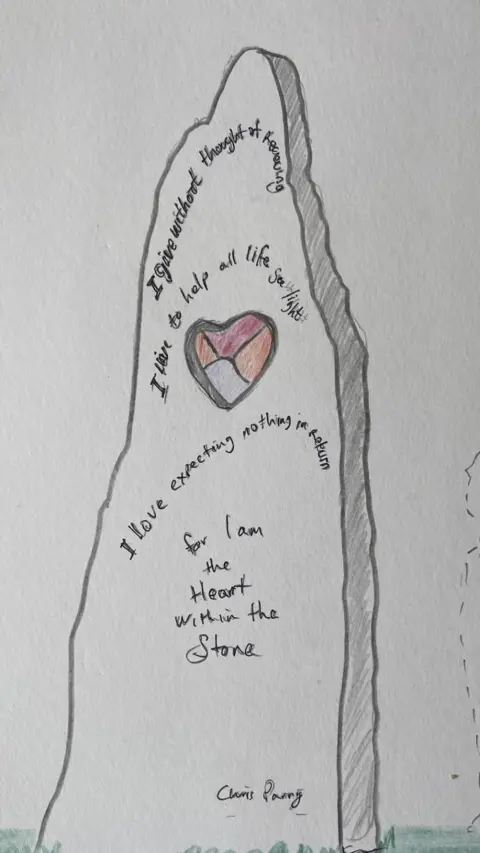 Ben Dearnley A pencil sketch of a sculpture that is a tall piece of slate, it has a colourful heart in the centre and has words "for I am the heart within the stone- Chris Parry"