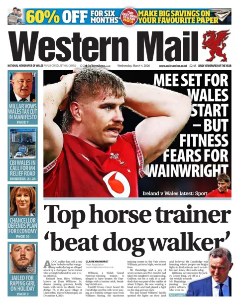 Western Mail Front page of the Western Mail. The headline reads 'Top horse trainer beat dog walker'.