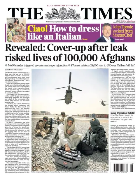 The headline on the front page of the Times reads: "Revealed: Cover-up after leak risked lives of 100,000 Afghans".