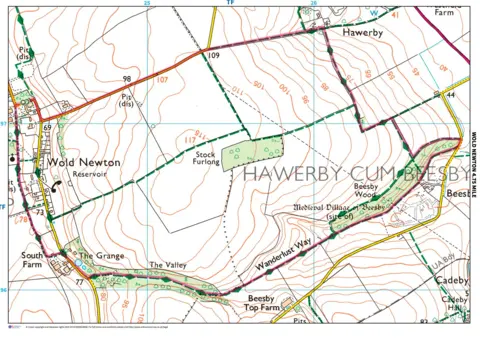 Crown Copyright An ordnance survey map showing the detailed route of the Grimsby and Louth Ramblers walk
