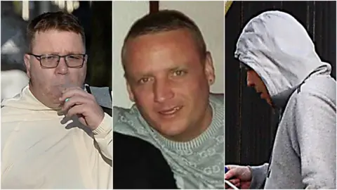 Pacemaker Head-and-shoulders images of three men. The first, Walter Ervine, is wearing dark-rimmed glasses and a cream-coloured jacket and is smoking a vape. The second, Glenn Rainey, has short brown hair and is wearing a grey sweater. The third, Robert Spires, is wearing a grey hoodie which obscures his face.