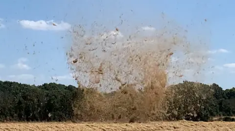 Richard Turnell Hay has been caught in a wind spiral with trees in the background amidst a blue sky with a few clouds