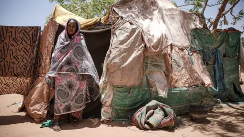 Mohamed Zakaria/BBC Woman standing in front of her shelter