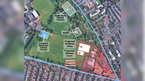 BHASVIC The image shows an aerial shot of BHASVIC, playing fields, BOAT And Dyke Road Park.