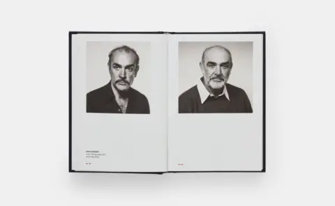 Phaidon Press Two black‑and‑white studio portraits of Sean Connery displayed side by side on a book spread. Each image shows a head‑and‑shoulders composition, with captions and page numbers printed below