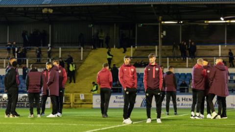 The Hearts squad arrives during a Scottish Gas Men's Scottish Cup Quarter Final match between Greenock Morton and Heart of Midlothian