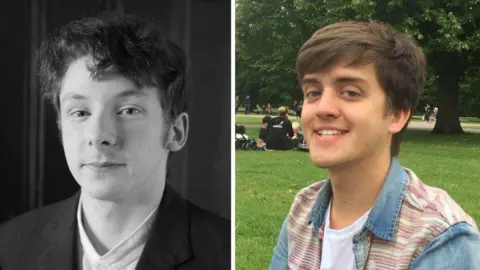 A composite picture of Teilo and Alex. Teilo is shown in black and white, and wears a black suit and a smart white shirt. He has brown curly hair. Alex is smiling at the camera in a park, and also has brown hair. He is wearing a white tshirt under a denim shirt with red and white patches on the shoulder and chest. 