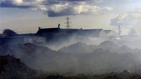 Getty Images A row of farm buildings in the distance partially blocked by smoke coming from burning sheep carcuses.