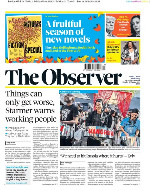 A couple of the Sunday papers lead with warnings Britain will have to endure rising fuel payments and stricter economic measures in the coming months, ahead of a speech the prime minster will deliver on Tuesday. The Observer says the PM will claim the "rot" left by the Conservatives means social and economic improvement "won't happen over night".