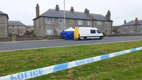 Scene of fatal incident, blue and white police tape in foreground, with grass and a road, and then a white van in front of a blue and white police tent, and houses.