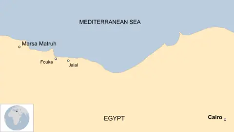 A map showing the northern coastline of Egypt, with the locations of Marsa Matruh, Fouka, Jalal and Cairo marked.