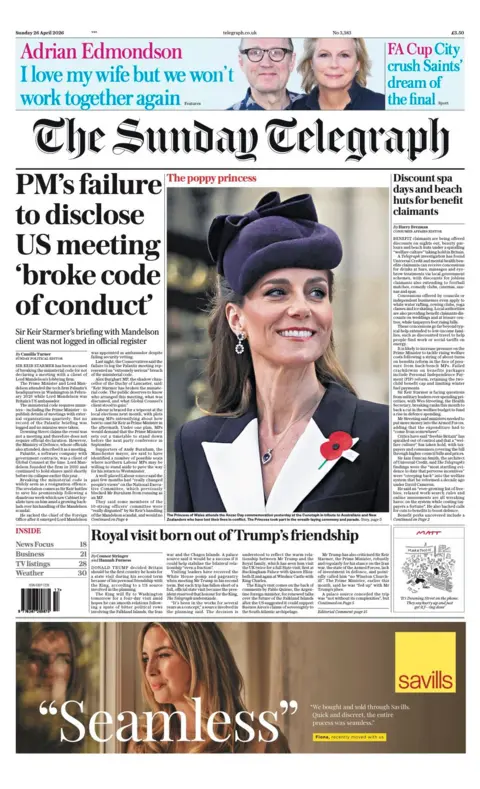 The headline on the front page of the Sunday Telegraph reads: “PM's failure to disclose US meeting 'broke code of conduct'”.