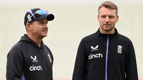 England white-ball head coach Matthew Mott and captain Jos Buttler during a training session