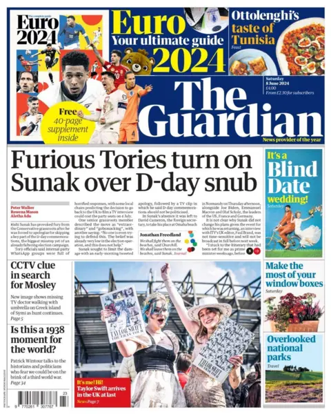 The front page of the Guardian reads: “Furious Tories turn on Sunak over D-day snub”