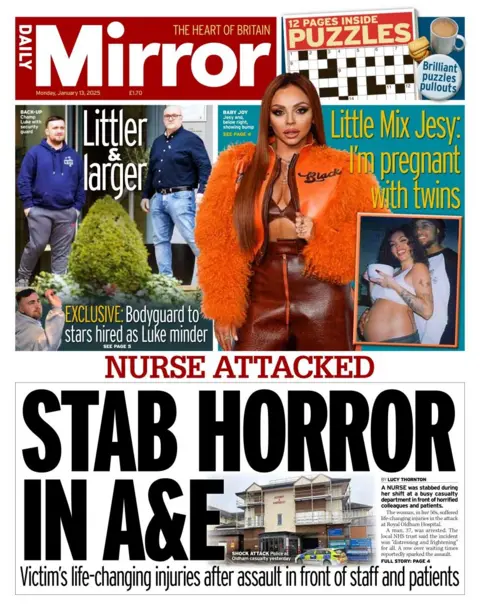 The headline in the Daily Mirror is: Knife attack in A&E