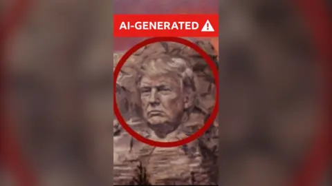 An AI-generated image of Donald Trump's face carved onto the right side of Mount Rushmore.