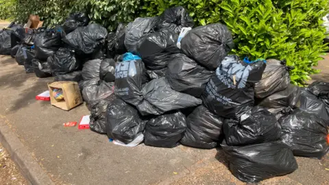 A large pile of black bin bags on a pavement. Some cardboard boxes have also been left.