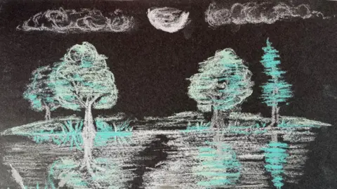 Wendy Brookfield A chalk drawing of some trees reflected in water at night