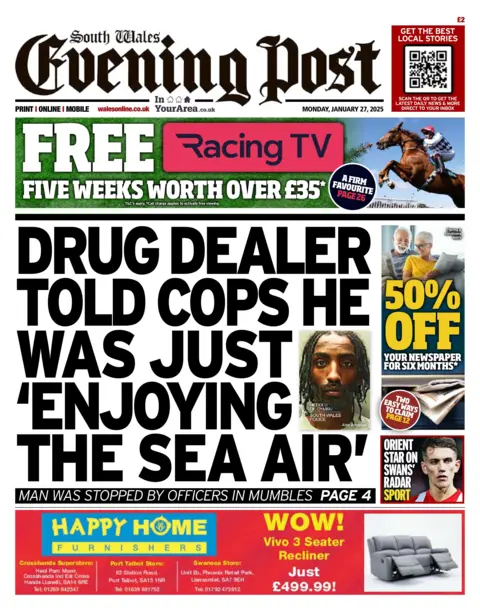 South Wales Evening Post South Wales Evening Post front page headlined: Drug dealer told cops he was just enjoying the sea air