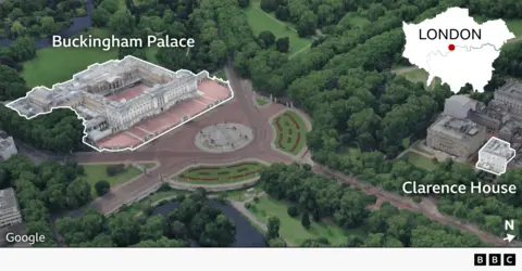 A birdseye view of Buckingham Palace and Clarence House