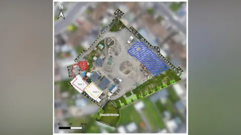 ODAIT Overview of Tuam site - site is shown in colour and tent 1 and 2 are highlighted in the photo.