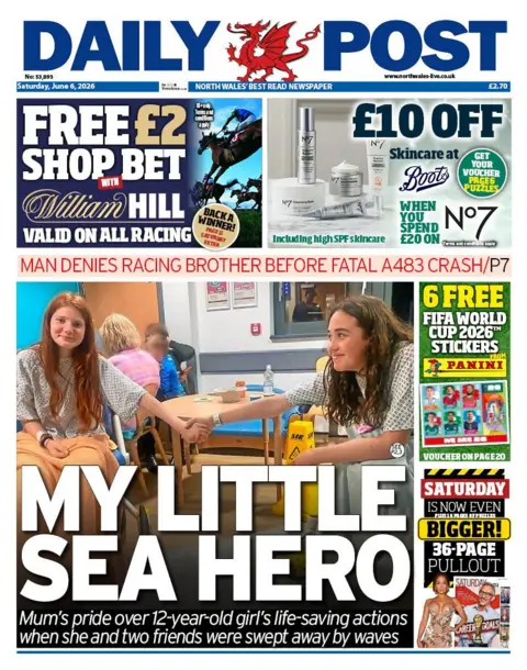 Daily Post Front page of Daily Post has a picture of two young women with long hair reaching across from hospital beds to hold hands and the headline my little sea hero