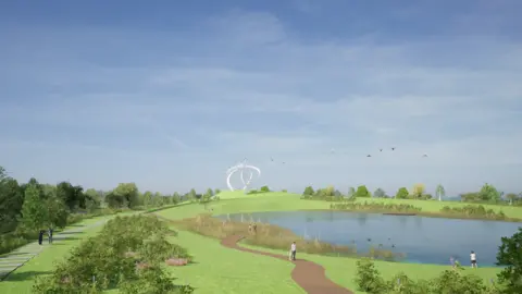 Star of Caledonia Trust A distant view of the artwork across a large pond with walkways