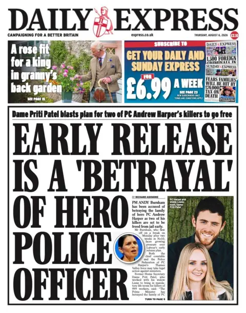 "Early release is a 'betrayal' of hero police officer" reads the headline on the front page of the Daily Express.