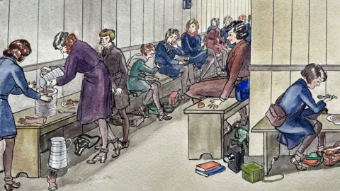 Maidstone Grammar School for Girls A watercolour painting of women sitting in the tunnel on the wooden benches eating.