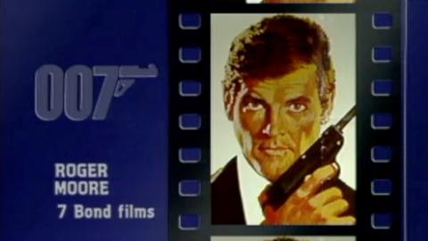 Film poster graphic. Text 007, Roger Moore, 7 Bond Films.  Cinema poster style painting of Roger Moore within a frame of movie reel.