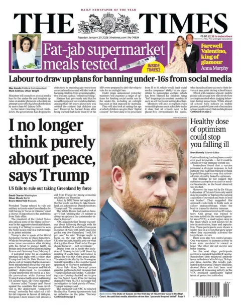 The headline on the front page of the Times reads: "I no longer think purely about peace, says Trump."