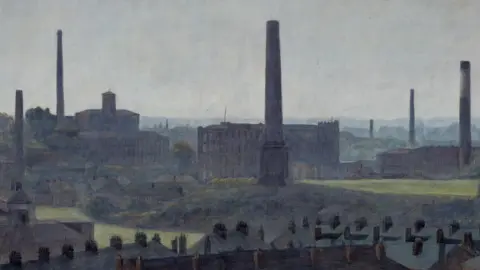 Helen Clapcott Helen Clapcott painting  Brinksway 1979, Before The Motorway showing mills, smoke and countryside in a district of Stockport that was turned into a motorway.