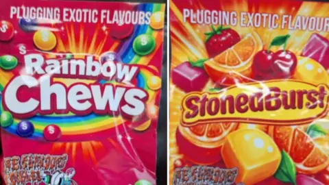 Two packets of cannabis gummies. One shows the brand "Rainbow Chews", and the other "StonedBurst". They are brightly coloured packets that look like popular sweet brands.