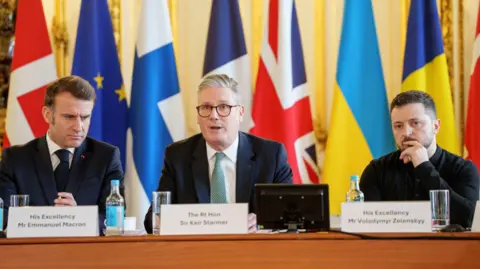 EPA France's President Emmanuel Macron, Britain's Prime Minister Keir Starmer and President Volodymyr Zelenskiy attend the European leaders' summit to discuss European security