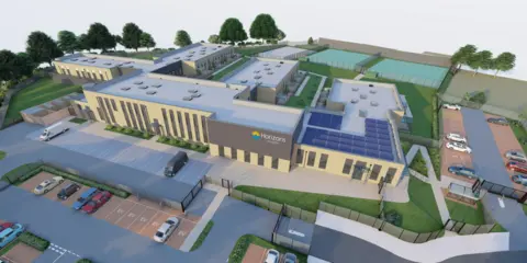 Nottinghamshire County council A CGI image of a large school and car parks 