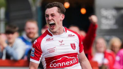 Rugby League - Betfred Super League: Round 10 - Hull KR v St Helens - Sewell Group Craven Park, Hull, England - Jack Broadbent of Hull KR celebrates scoring a try.