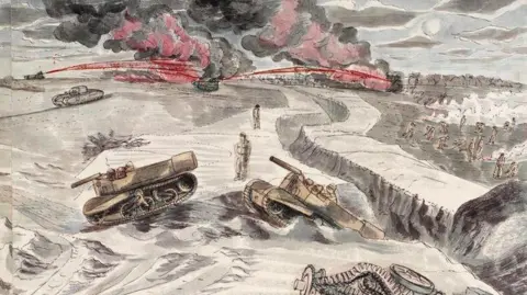 Imperial War Museum War artist Edward Bawden's depiction of tanks and soldiers taking part in Exercise Kruschen in 1943 at Dunwich