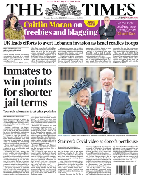 The front page of the Times. The headline reads: 'Inmates to win points for shorter jail terms'.