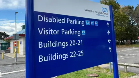 University Hospitals Dorset A blue signpost with the University Hospitals Dorset NHS logo at the top. The sign directs drivers to disabled parking, visitor parking, buildings 20-21 and buildings 22-25.