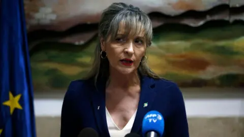 AFP via Getty Images Martina Anderson satands in front of the EU blue and yellow flag. She is wearing a navy jacket and white blouse and has shoulder length brown hair
