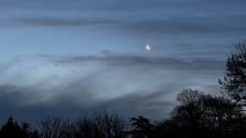 BBC Weather Watchers/Cumbrian Stargzer A light blue, dusk sky which has wispy, dark grey clouds. The tree line below is mostly leafless and in shadows. The moon to the centre-right is small and a thin crescent shape. It has a golden glow.