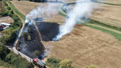 The image shows part of a field that has burned from a fire; a fire engine can be seen beside the field.