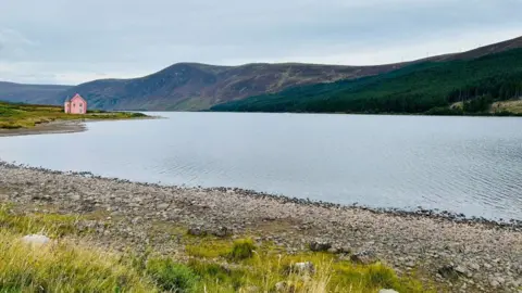 Roseanna Mitchell A small pink house sits beside a wide lake surrounded by rolling hills and dark pine forests under an overcast sky.