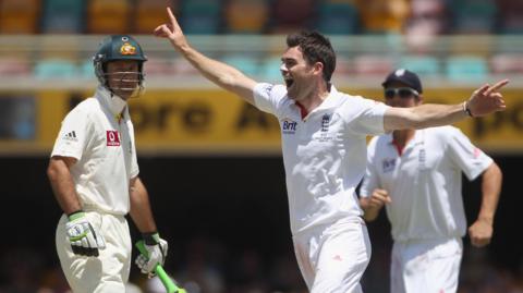 England's James Anderson celebrates the wicket of Australia's Ricky Ponting