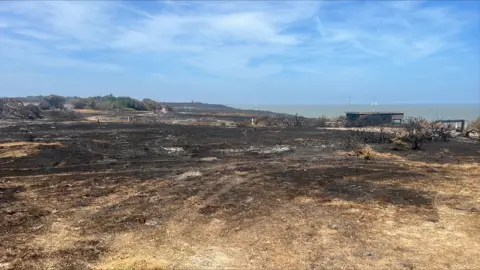 Richard Daniel/BBC A coastline and heathland area that has been destroyed in a fire. The sea is in the background.