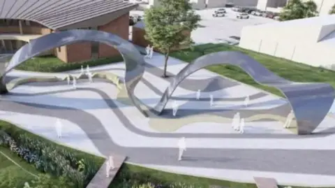 Boston Borough Council An artist impression of a manicured landscape with a wavy metallic-looking installation spanning across a concrete floor, and is surrounded by a lawn and a building in the top left