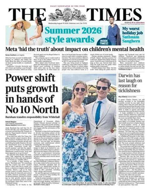 The headline on the front page of the Times reads: "Power shift puts growth in hands of No 10 North."