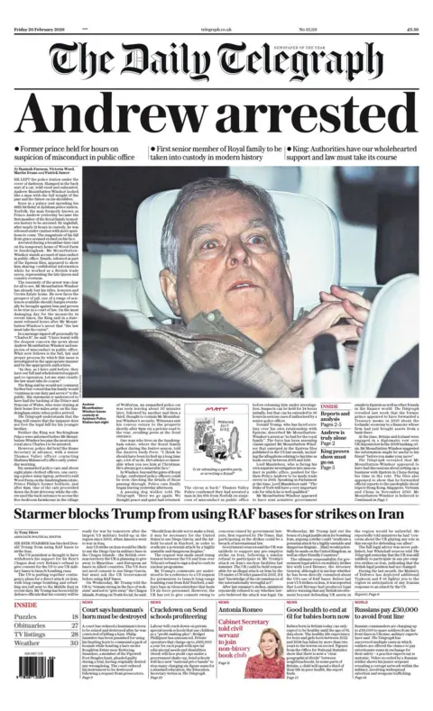 The front page of the Daily Telegraph reads: 