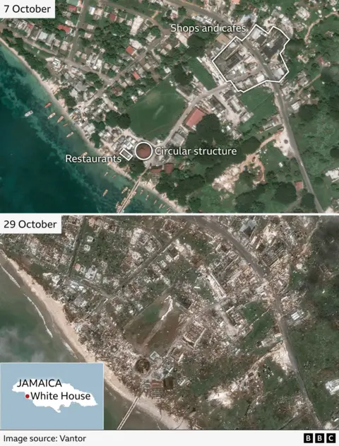 Two stacked images show the town of White House, on Jamaica's southwest coast, before and after Hurricane Melissa. Restaurants and a circular structure are highlighted in the first image, and shown damaged in the second.